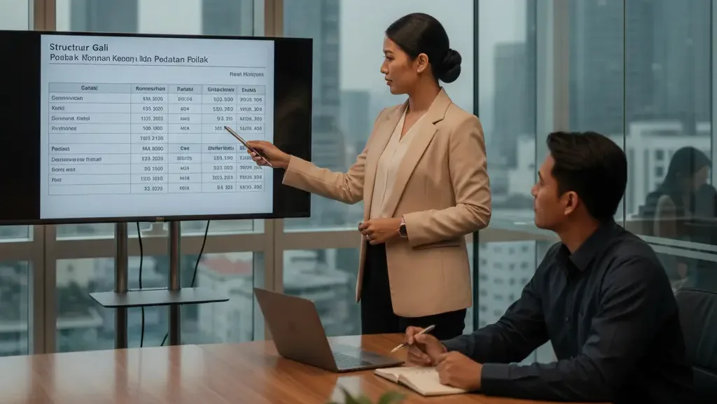 Penjelasan kewajiban pajak karyawan dan struktur gaji oleh HRD perusahaan.