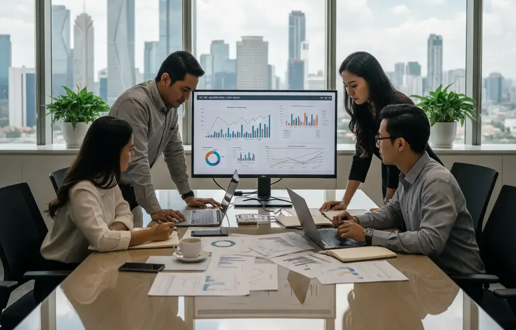 Tim keuangan perusahaan sedang menghitung pajak penghasilan badan di kantor Jakarta.