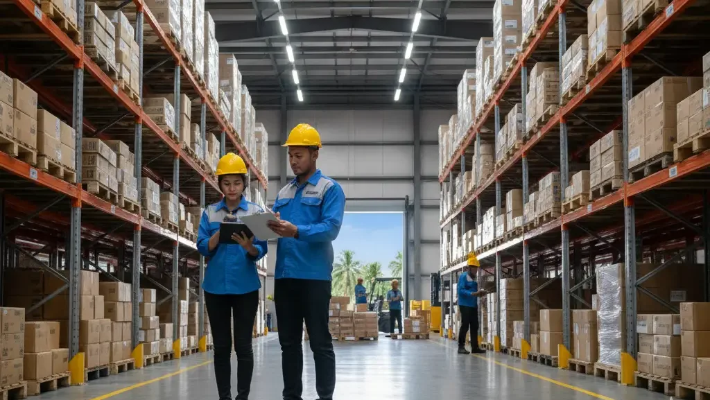 Audit stok persediaan barang jadi di pabrik manufaktur.