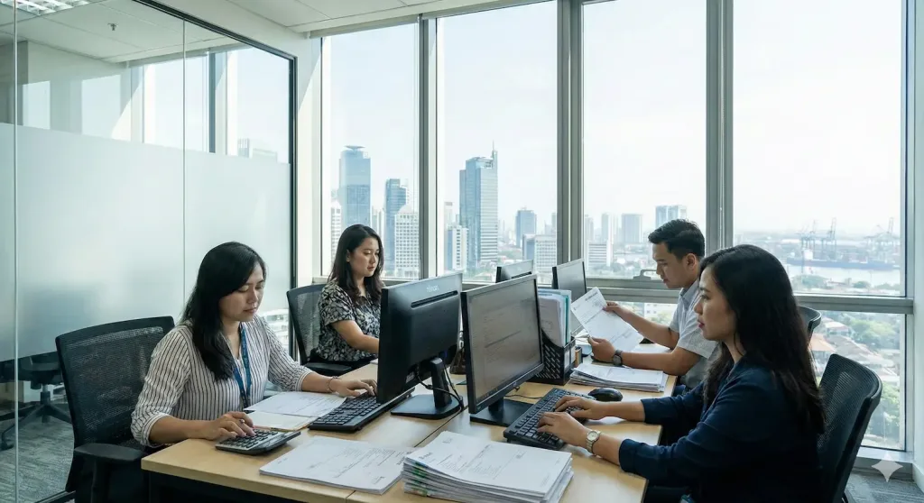 Tim finance logistik bekerja di serviced office skaiwork scbd.