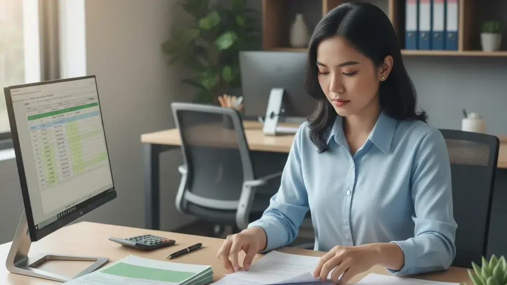 Staf akuntansi menyusun dokumen pajak perusahaan untuk pelaporan bulanan.