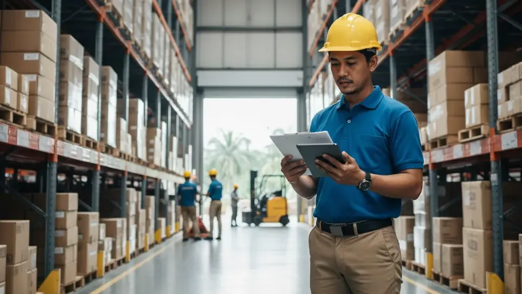 Inspeksi stok barang di gudang perusahaan dagang untuk kepatuhan pajak.