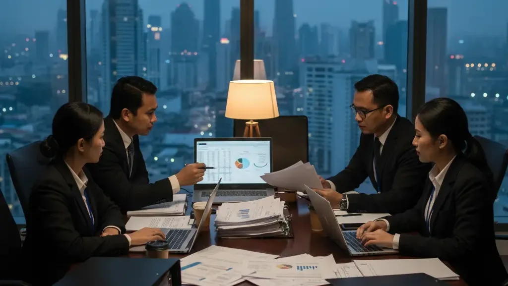 Diskusi antara tim keuangan perusahaan dan auditor pajak dalam pemeriksaan transfer pricing.