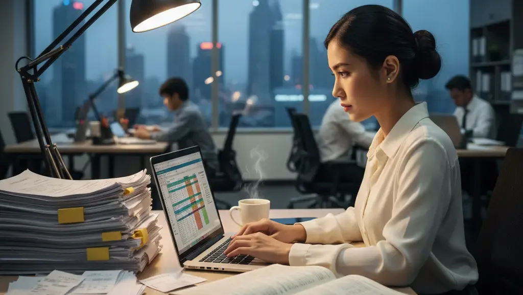 Staf admin membuat pembukuan perusahaan manual dan digital.