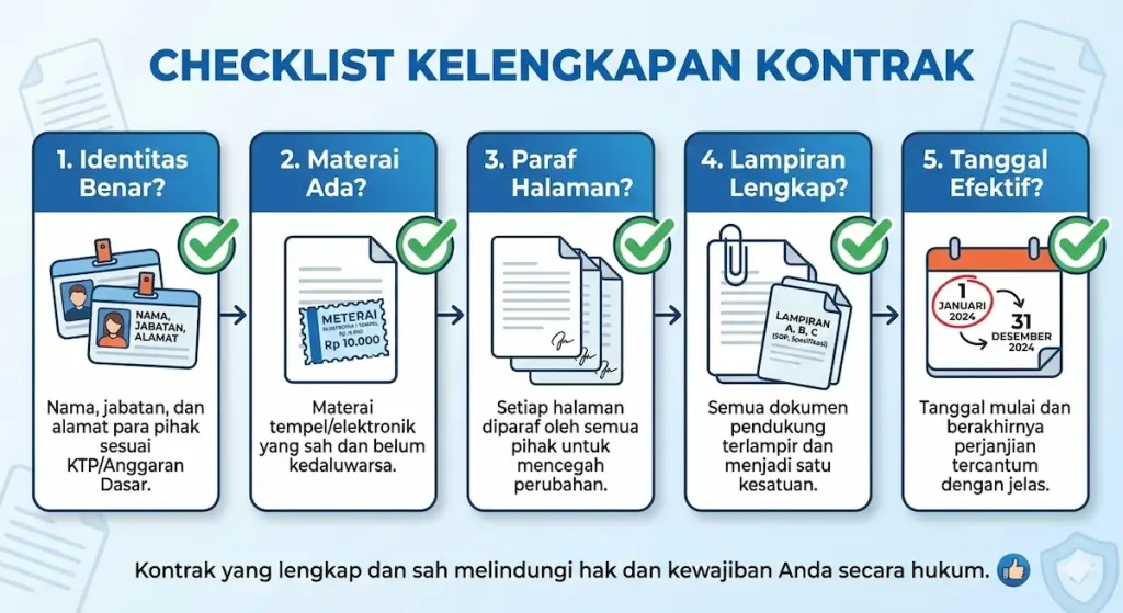 Checklist kelengkapan legalitas kontrak bisnis.