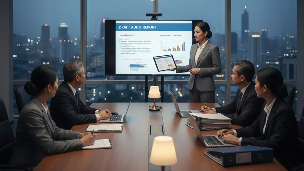 Presentasi laporan audit keuangan oleh kap kepada direksi perusahaan.