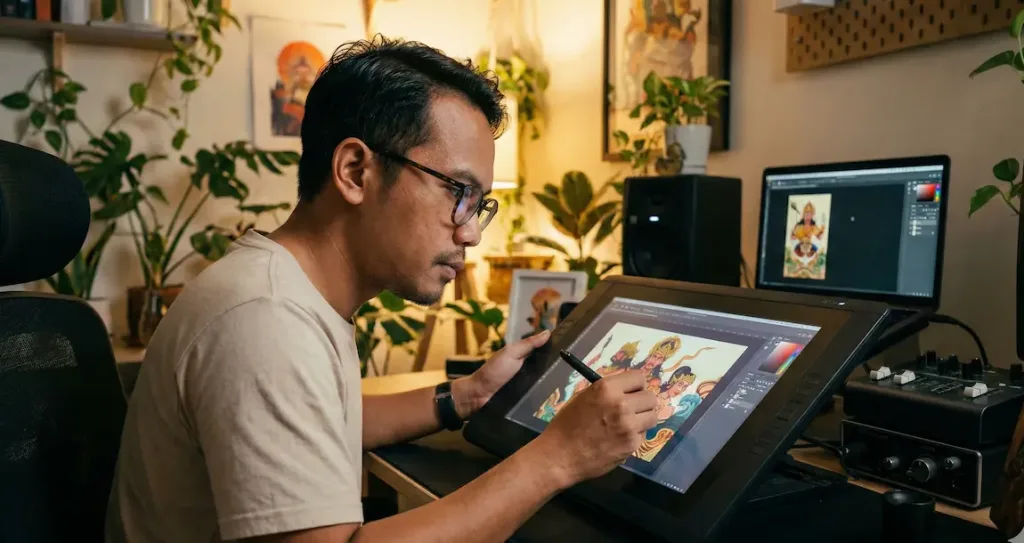 Kreator konten digital bekerja melindungi hak cipta karya seni.