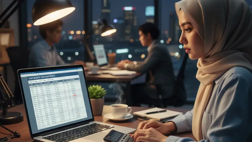 Staf hrd menghitung pajak pph 21 karyawan dengan tarif ter terbaru.