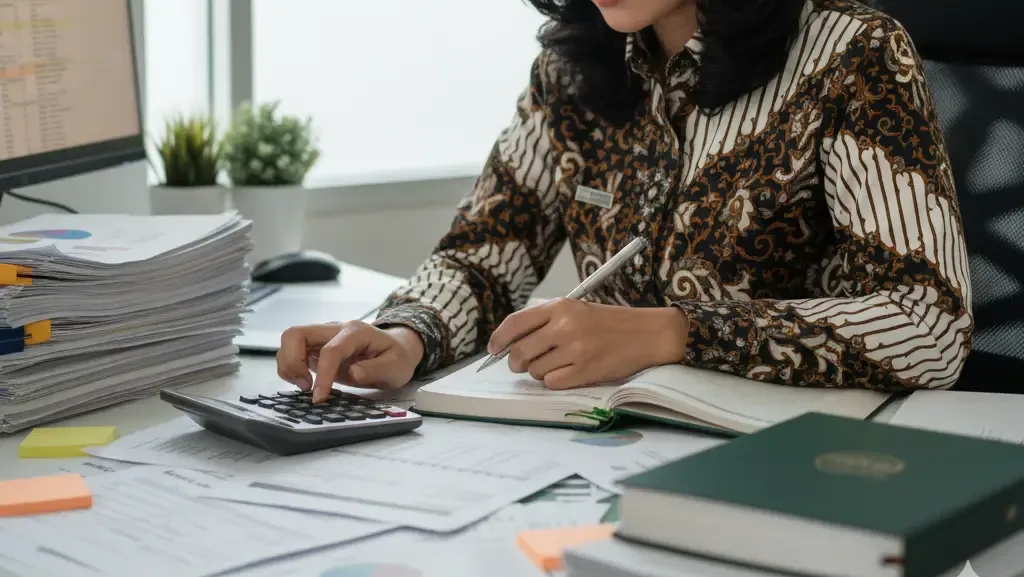 Staf finance menghitung potongan pajak pph 23 atas tagihan jasa vendor.