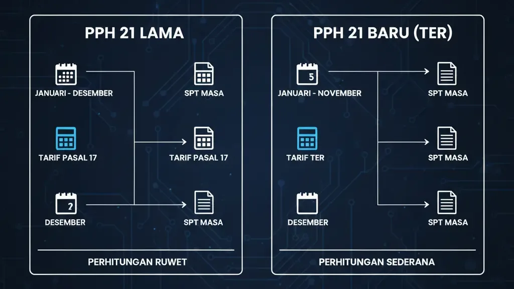 Infografis perbandingan perhitungan pph 21 lama dan baru ter 2024.