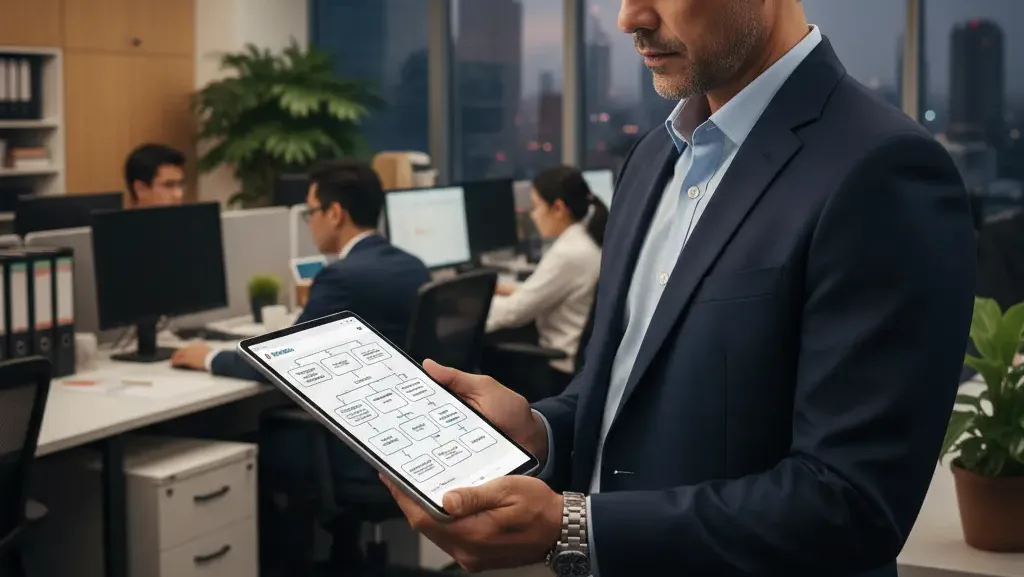 Ceo meninjau diagram alur pajak bisnis dan kewajiban perusahaan.