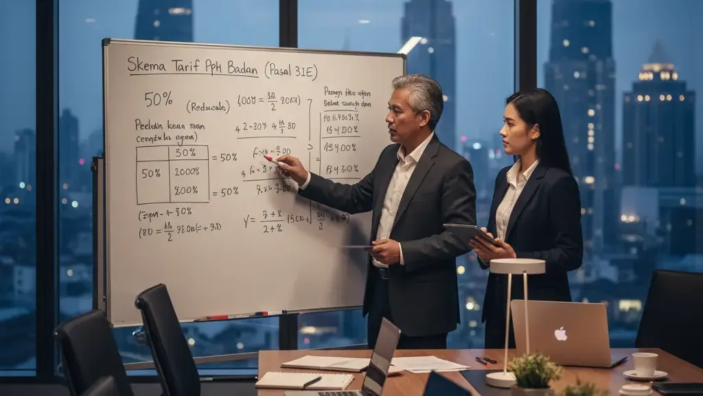 Diskusi perhitungan pph badan pasal 31e dan rekonsiliasi fiskal perusahaan.