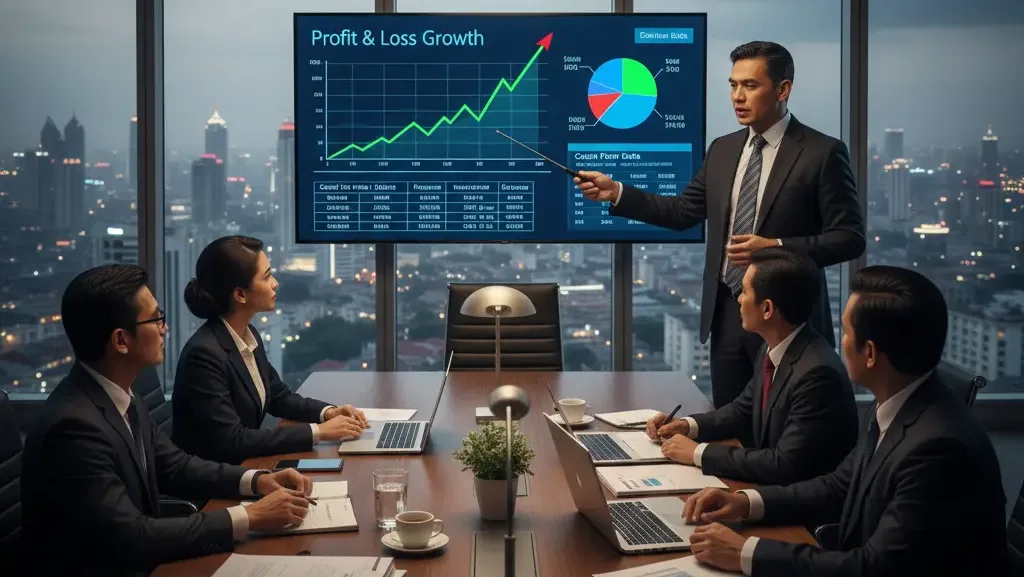 Manajer keuangan presentasi laporan keuangan perusahaan neraca dan laba rugi.