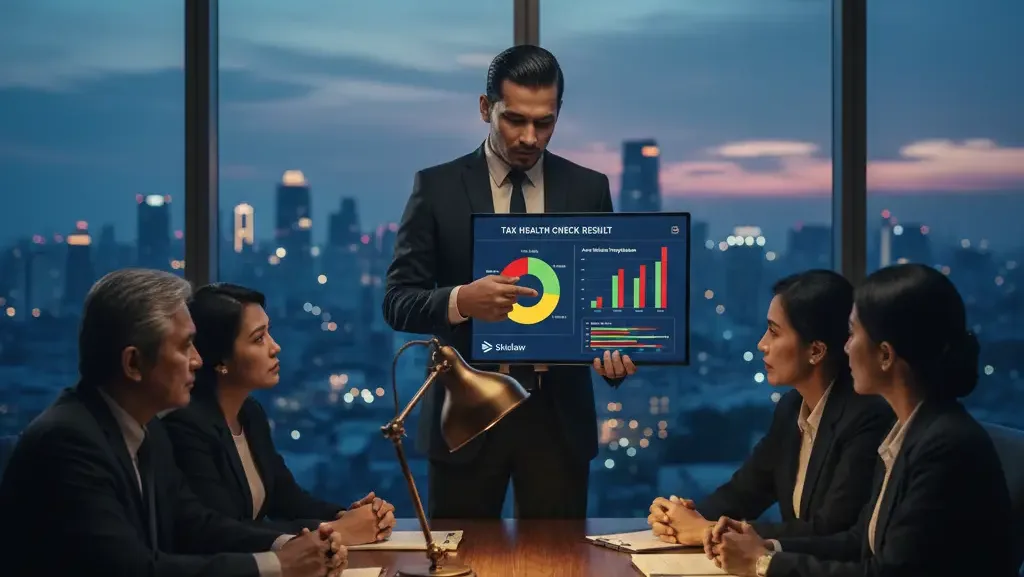 Presentasi hasil tax health check dan audit diagnostik pajak.
