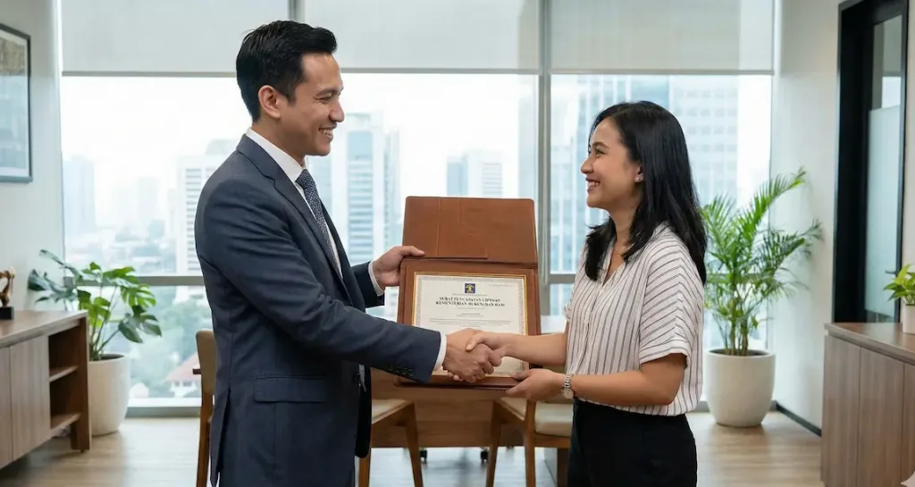 Penyerahan sertifikat pencatatan hak cipta djki oleh konsultan hukum.