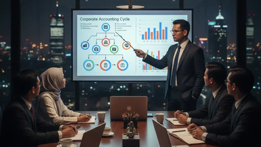 Penjelasan siklus akuntansi perusahaan dan laporan keuangan dalam rapat.
