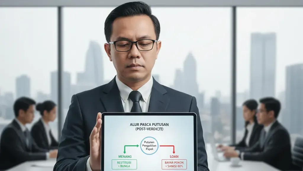 Diagram alur eksekusi pasca putusan banding pajak: menang vs kalah.