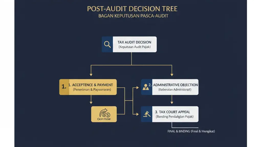 Infografis alur keputusan tindak lanjut pemeriksaan pajak korporasi: Bayar atau Banding.