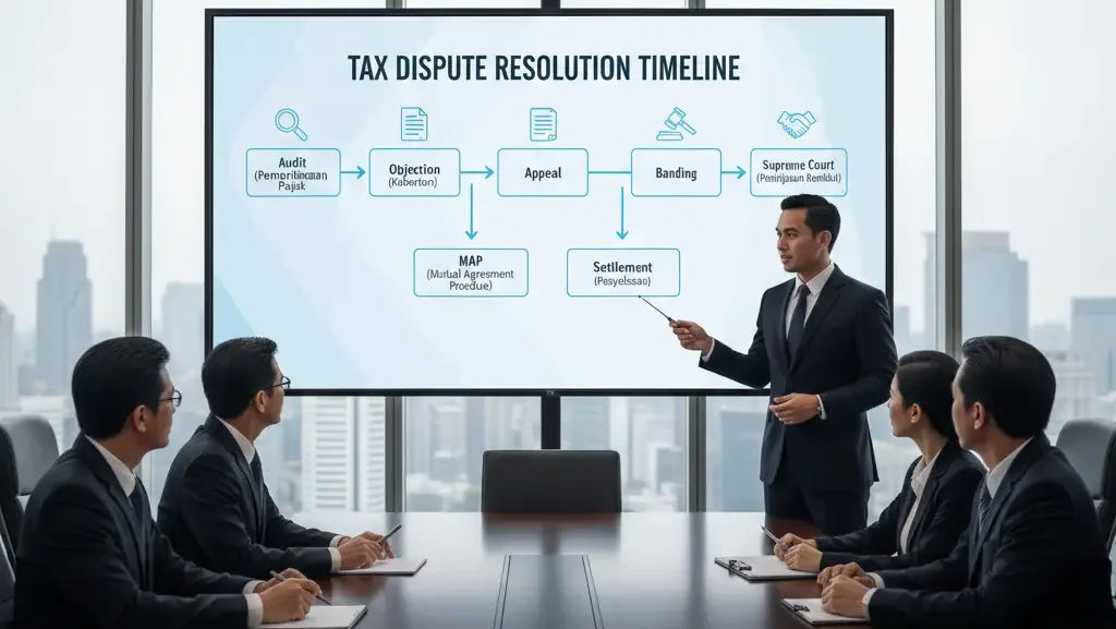 Infografis alur dan tahapan penyelesaian sengketa pajak di Indonesia.