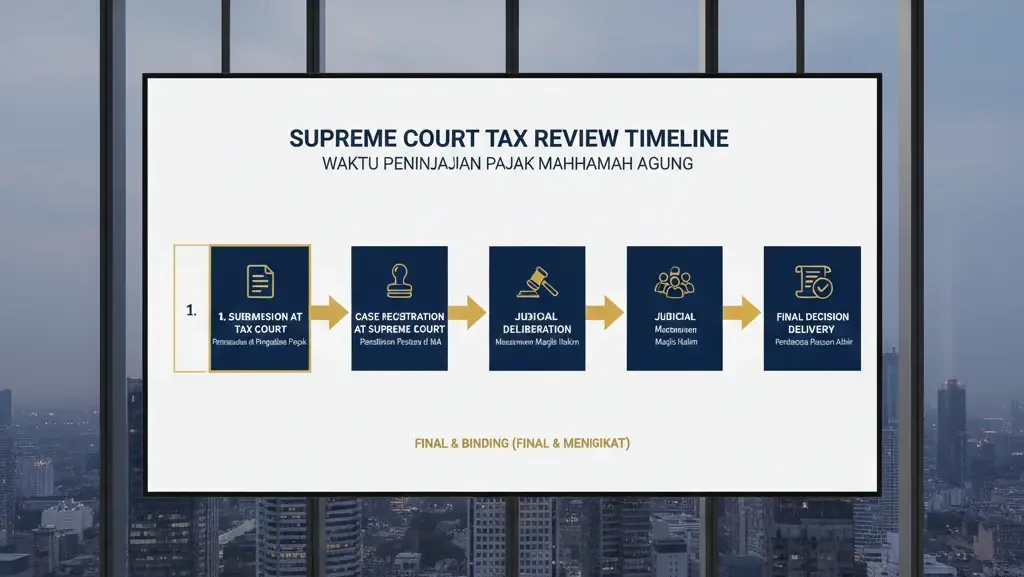 Infografis alur proses peninjauan kembali pajak dari pendaftaran hingga putusan Mahkamah Agung.