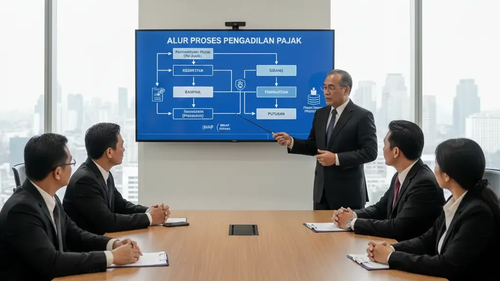 Konsultan Skailaw menjelaskan alur proses sengketa pajak di pengadilan kepada klien korporasi.