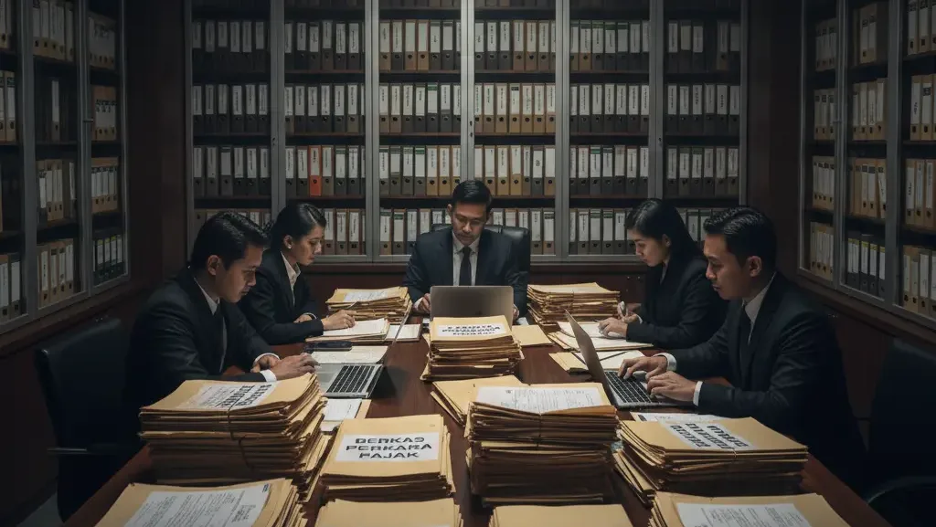 Tim legal korporasi melakukan analisis mendalam terhadap berkas perkara pajak di pengadilan.