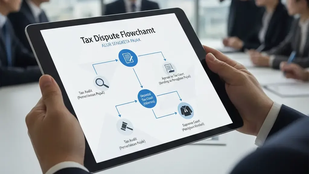 Visualisasi alur penyelesaian perkara pajak dari pemeriksaan hingga pengadilan.