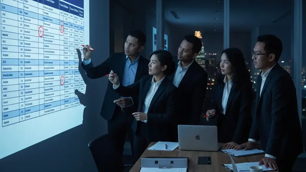 Tim litigasi Skailaw sedang membedah matriks sengketa banding pajak untuk persiapan sidang.