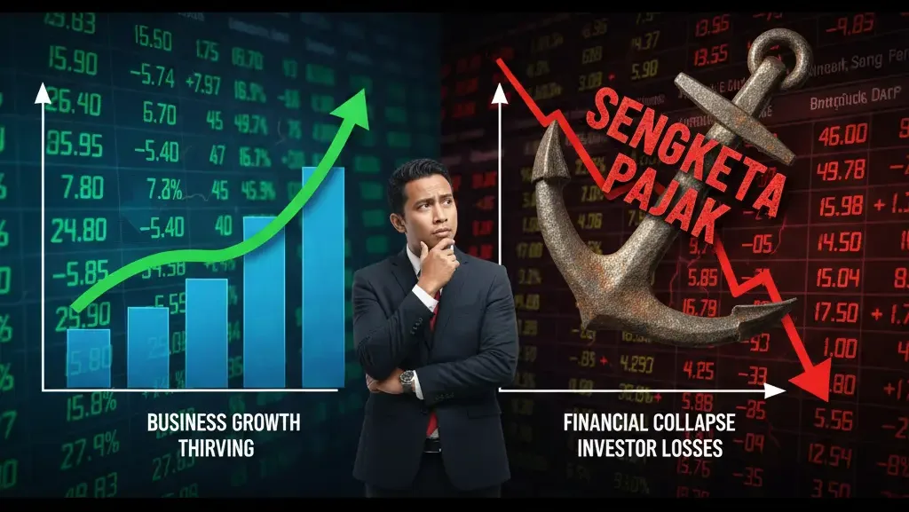 Ilustrasi dampak negatif sengketa pajak yang membebani pertumbuhan dan valuasi bisnis perusahaan.