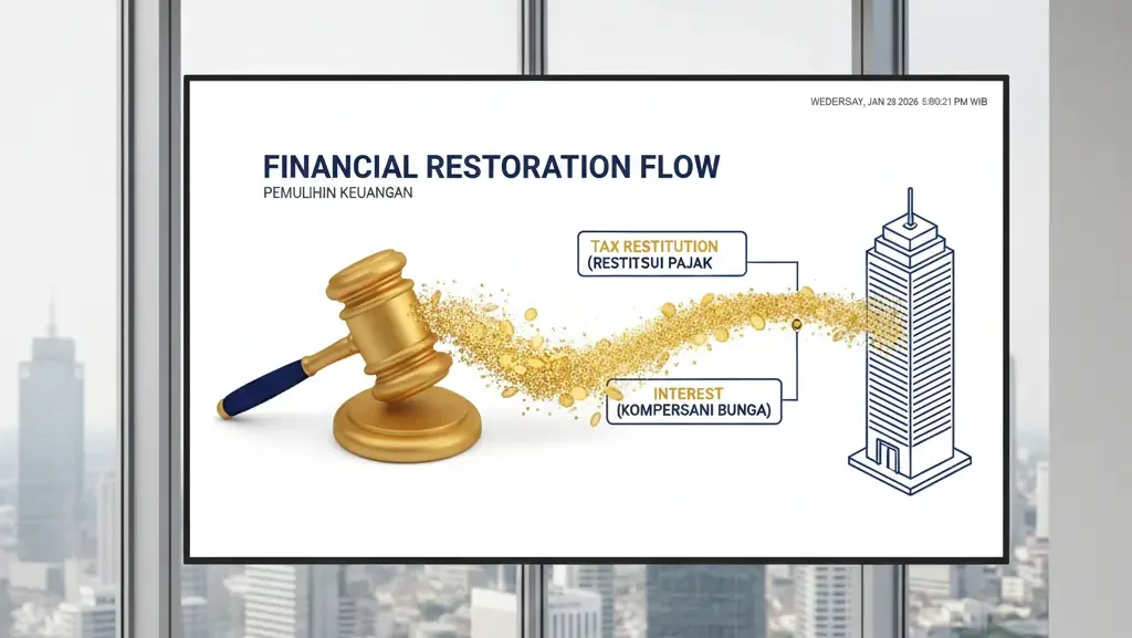 Infografis mekanisme restitusi dan imbalan bunga pasca kemenangan Putusan PK Pajak.