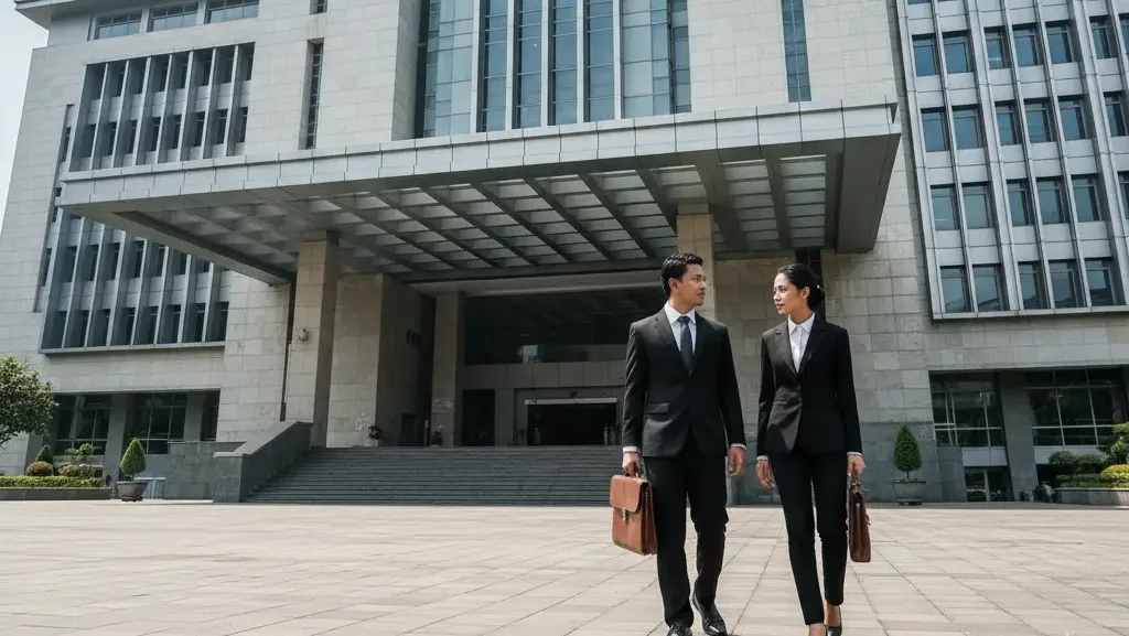 Gedung Pengadilan Pajak dan profesional hukum yang sedang bersiap menghadapi sidang sengketa korporasi.