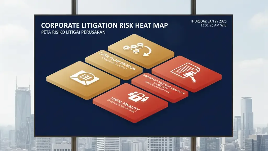 Infografis pemetaan risiko hukum peninjauan kembali pajak bagi korporasi besar.