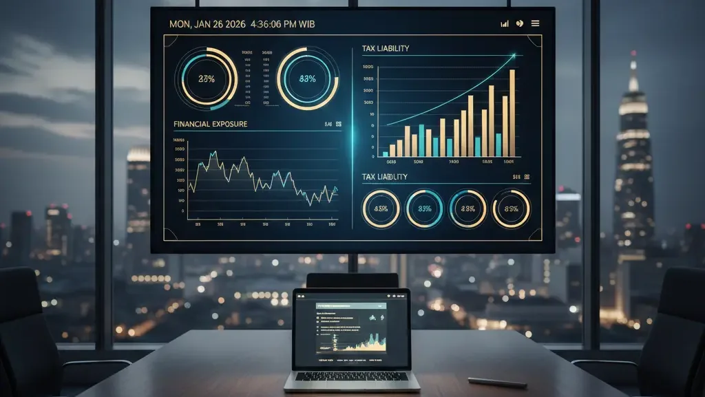 Dashboard analisis risiko finansial sengketa pajak di ruang rapat eksekutif Treasury Tower.