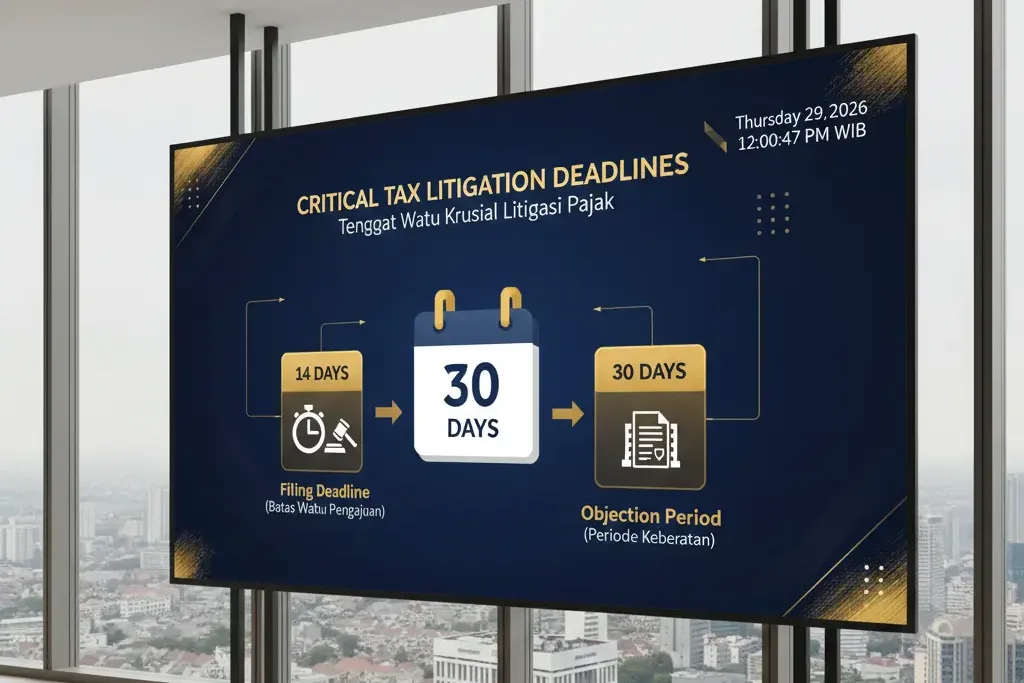 Infografis jangka waktu kritis dalam proses gugatan pajak perusahaan.