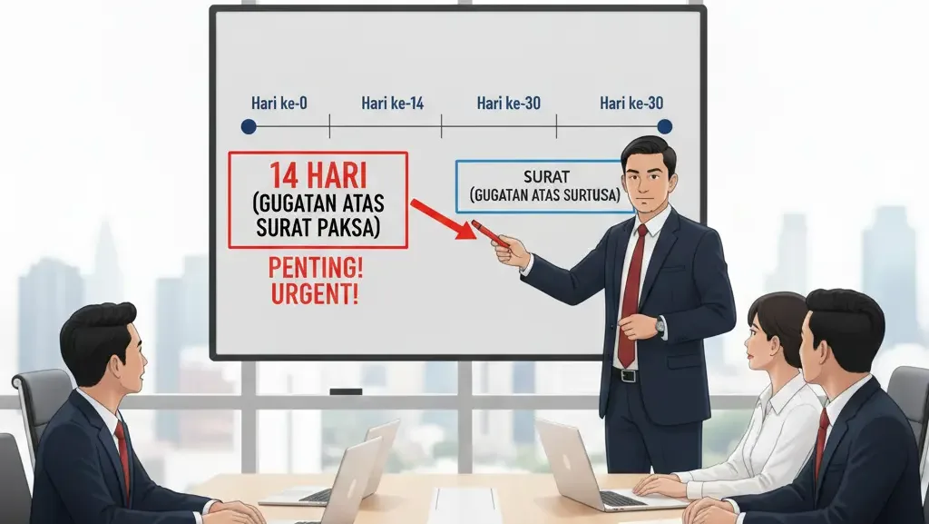 Infografis jangka waktu kritis 14 hari dan 30 hari dalam pengajuan gugatan pajak ke pengadilan pajak.
