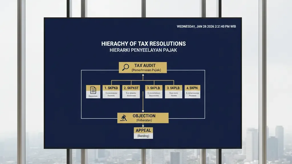 Infografis jenis-jenis surat ketetapan pajak dan alur penyelesaian sengketanya.