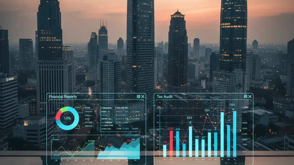 Lanskap gedung pencakar langit Jakarta yang merepresentasikan skala kasus pajak perusahaan besar.