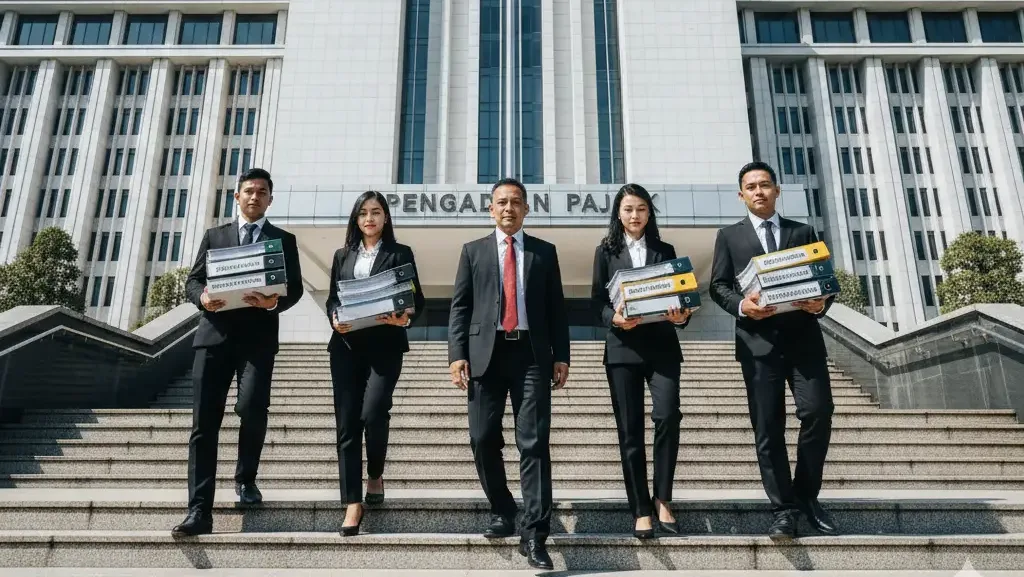 Tim hukum mengajukan berkas gugatan pajak ke gedung Pengadilan Pajak.