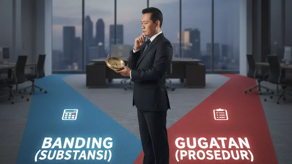 Ilustrasi percabangan jalur hukum antara banding dan gugatan pajak yang harus dipilih korporasi.