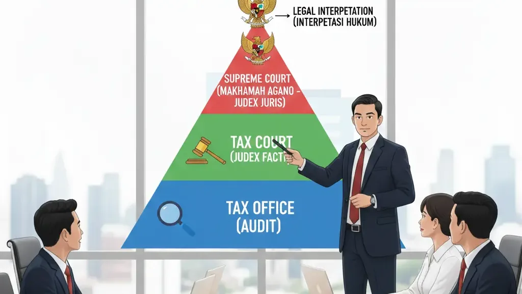 Piramida tingkatan peradilan sengketa pajak dari pemeriksaan hingga Mahkamah Agung.