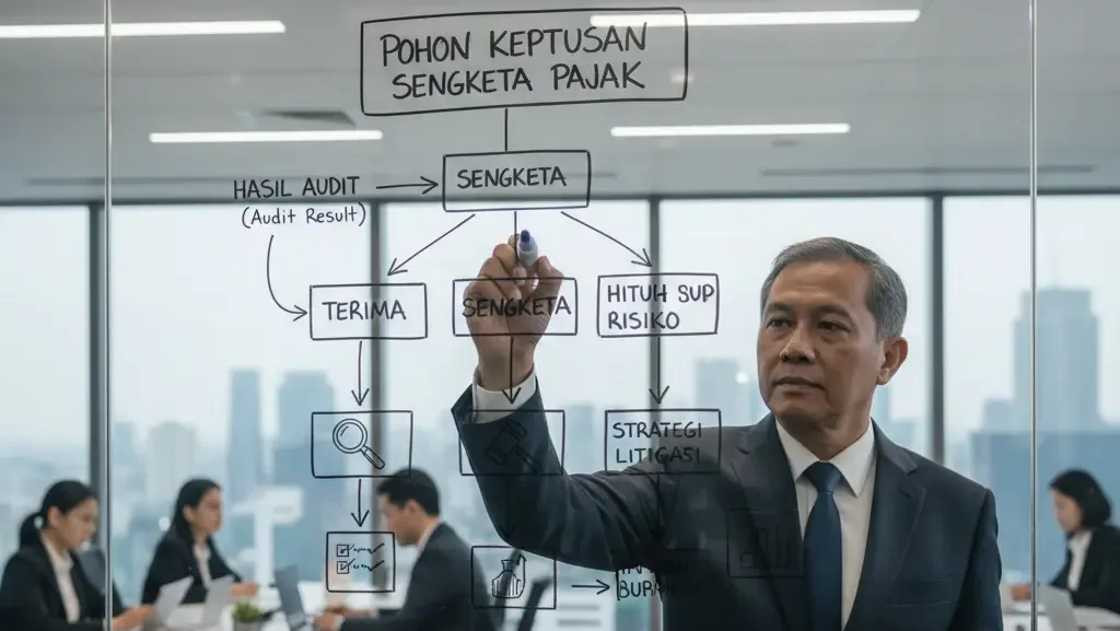 Diagram pohon keputusan strategi penanganan sengketa pajak korporasi.