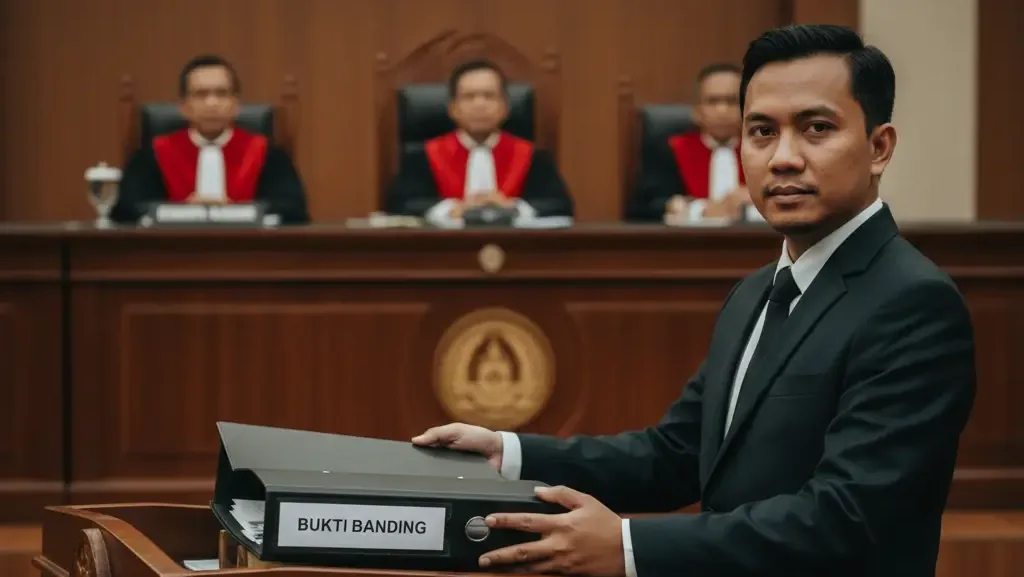 Kuasa hukum mempresentasikan bukti dokumen dalam proses banding pajak di pengadilan.
