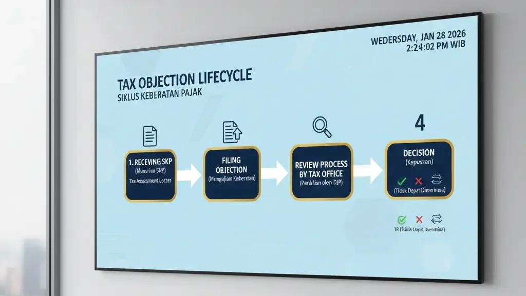 Infografis alur prosedur keberatan pajak perusahaan berdasarkan UU KUP.