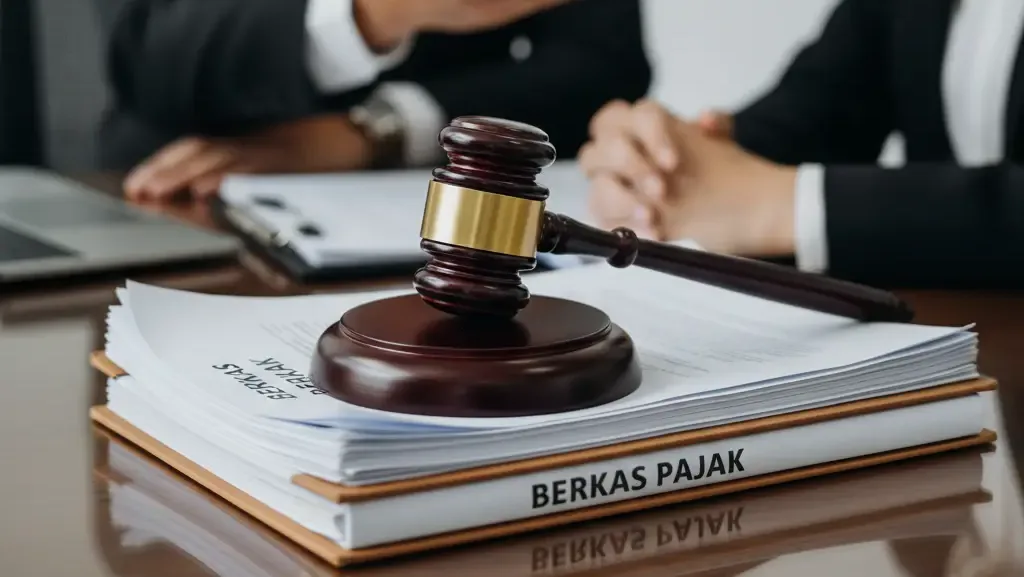 Palu hakim dan berkas dokumen litigasi dalam proses pengadilan pajak.