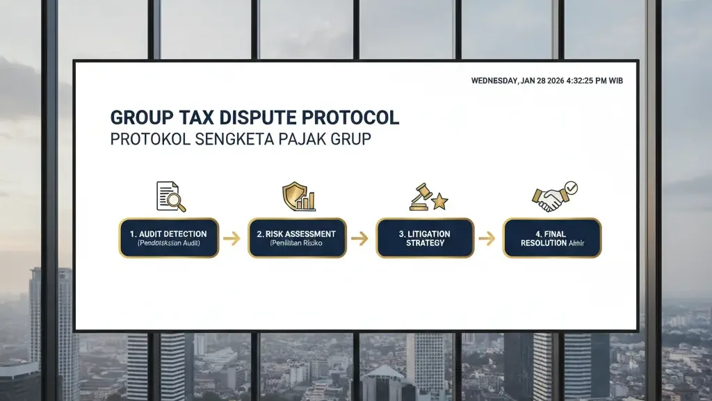 Infografis protokol sistematis manajemen sengketa pajak korporasi untuk grup perusahaan.