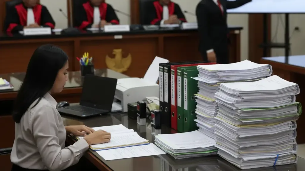 Suasana sidang pembuktian dan administrasi berkas dalam proses sengketa pajak.