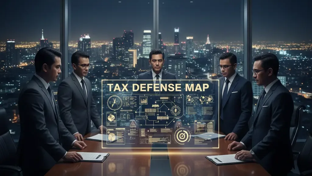 Tim legal korporasi sedang menyusun strategi hukum pajak perusahaan di kantor Skailaw SCBD.