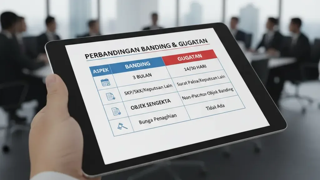 Tabel perbandingan teknis antara mekanisme banding dan gugatan pajak.