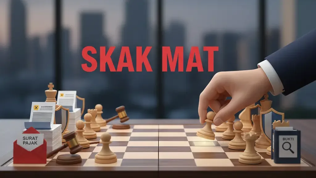 Ilustrasi catur yang menggambarkan strategi taktis dalam memenangkan litigasi pajak perusahaan.