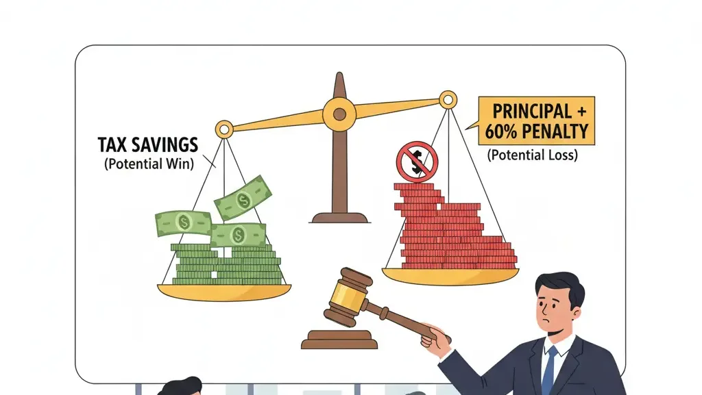 Ilustrasi perbandingan antara potensi penghematan pajak dan risiko denda sanksi banding.